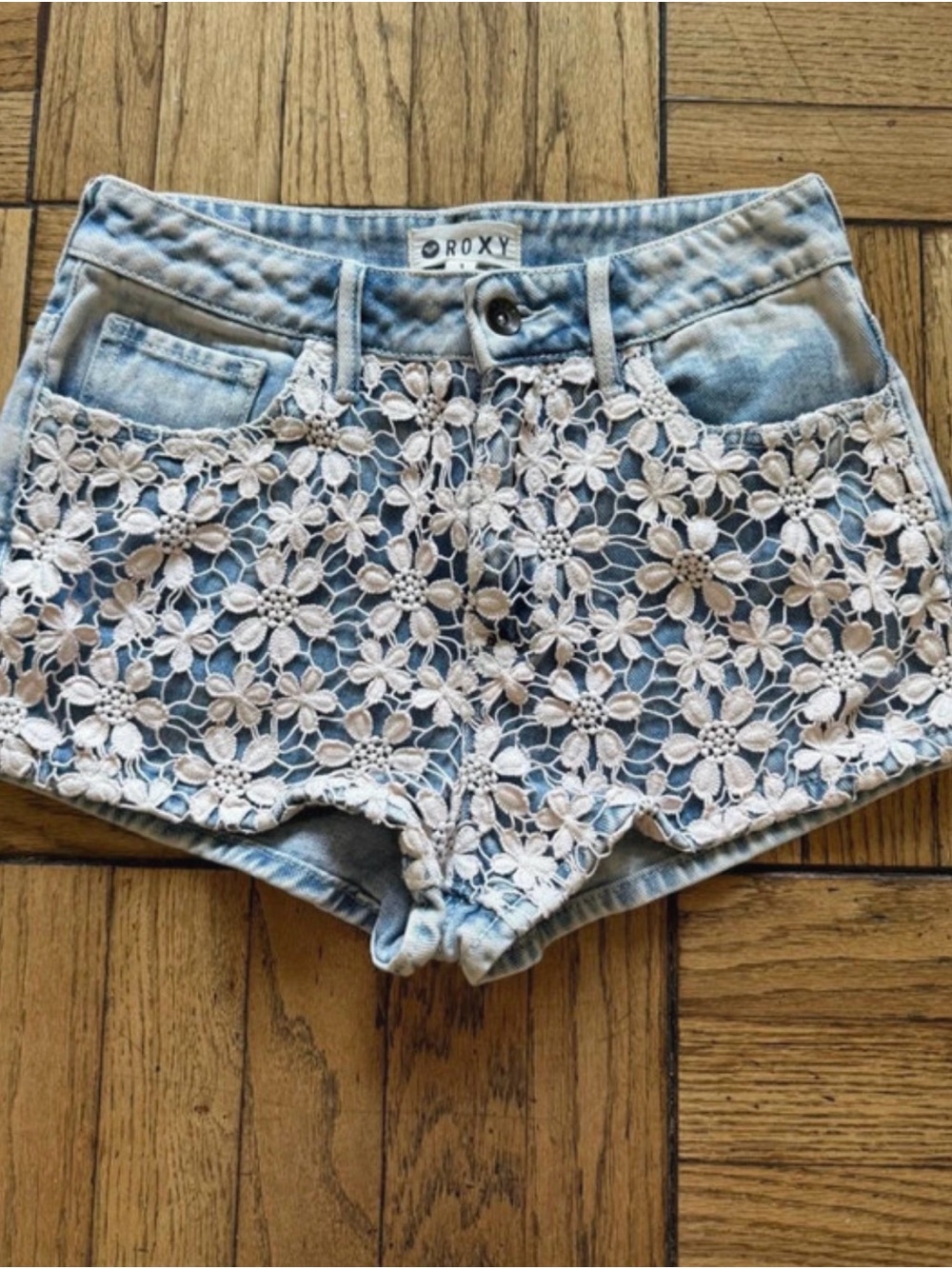 Roxy Light Blue Denim Shorts with light pink Floral Crochet